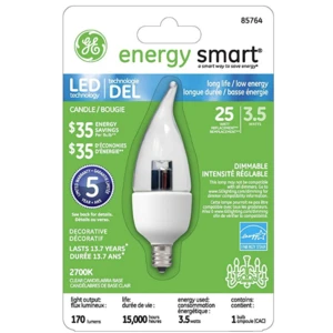GE85764, GE LED Candelabra Base 3.5W-25W Dimmable Bulb