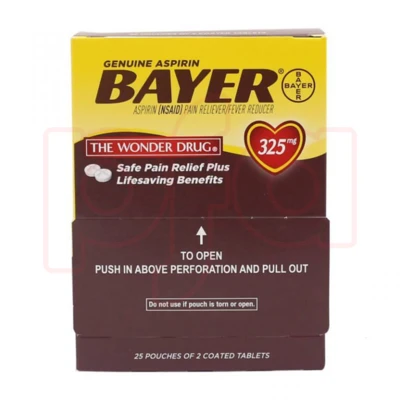 BYD25X2T-20, Bayer Aspirin (NSAID) Pain Reliever/Fever Reducer 25x2 coated Tablets, 655708018248