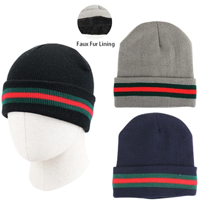 10053, Thermaxxx Beanie Hat w/ Fur lining Red Green Stripes, 191554100534
