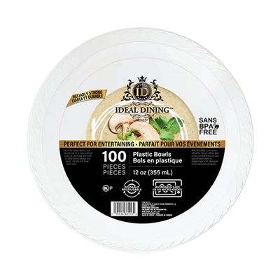 36116, Ideal Dining Plastic Bowl 12oz White 100CT, 191554361164