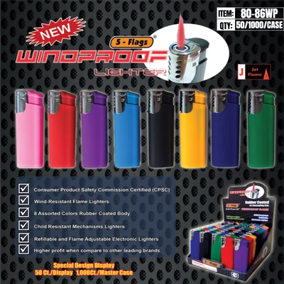 80-07, Winlite Lighter Torch Windproof 5 Flags Rubber Finish Assorted 50/1000 52lb, 853195000085