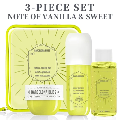 89496, Women's 3 Pcs Bag Set 3.4 oz Body Mist 2 oz Bubble Bath 1.02 oz Body Butter Barcelona Bliss 24 - Solo En lbiza, 191544894962