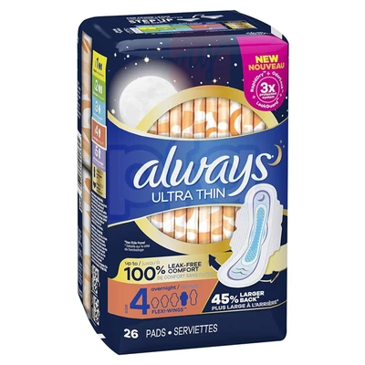 ALW-25551, Always Ultra Thin Pads 26CT Size 4 Overnight w/Wings, 037000990895