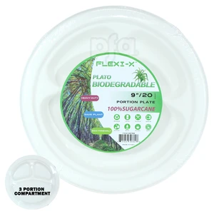 39780, Flexi Sugarcane Biodegradable 9'' 3 Compartment Plate 20ct