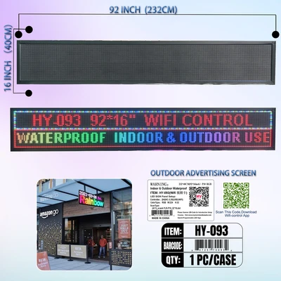 HY-093, LED RGB SIGN Waterproof Out Door & In Door P10 Panel (232*40CM)=92"x16" (HC-Software USB*WIFI), 887257700934
