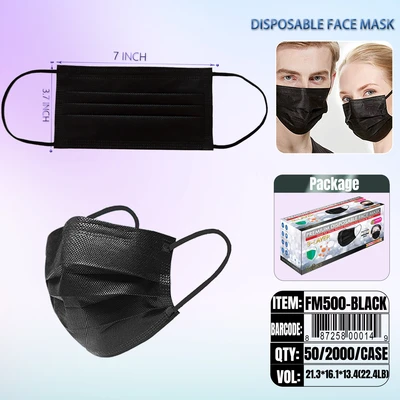 FM500-BLACK, Black Disposable Face Mask 50/Box, 887258000149