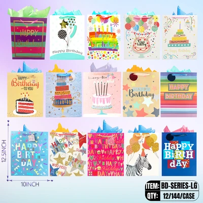 BD-SERIES-LG, BD-Series Assorted Birthday Gift Bags LG 10.2"x3.9"x12.6", BD-SERIES-LG