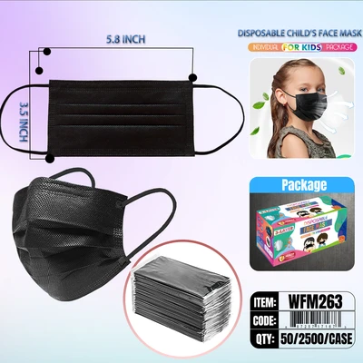 WFM263, Black Disposable Face Mask KIDS 50/Box Individual Package, 887257171673