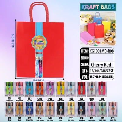 KG1001MD-R08, Kraft Bags MD. Red 12/Pk 10.6"x8.6"x4.3", 887258100290