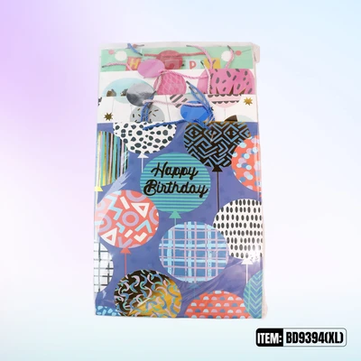 BD9394-XL, Birthdays Gift Bags XL. Assorted x4 Styles 12.2"x4.7"x16.5", 887257130465