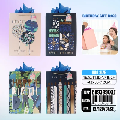 BD9399-XL, Birthday Gift Bags XL.Assorted x4  16.5"x11.8"x4.7", 887257195471