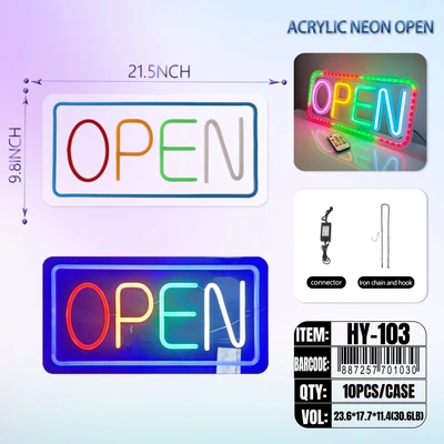 HY-103, LED NEON ACRYLIC OPEN SIGN 21.5"x9.8" (55cm*25cm), 887257701030