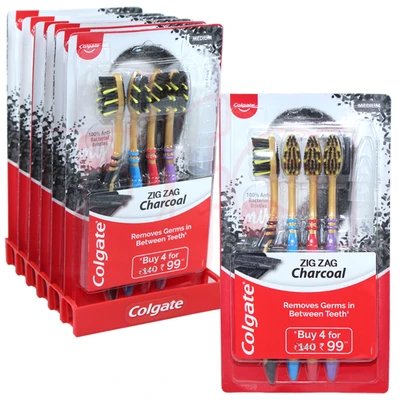 CTB-ZZ4C, Colgate Toothbrush Zig Zag 4PK w/ Cover Charcoal, 8901314525055