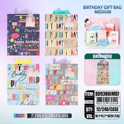 BD9386-MD, Birthday Gift Bags MD.Assorted x4 Styles  7"x3.1"x9.4", 887257130540