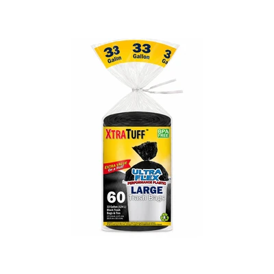 30104, XtraTuff Ultra Flex Large Black Trash Bag 33Gal 60CT, 191554301047