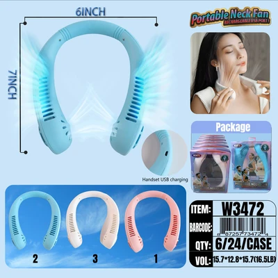 W3472, Rechargeable Portable Neck  Fan Assorted Color/PDQ, 887257734724