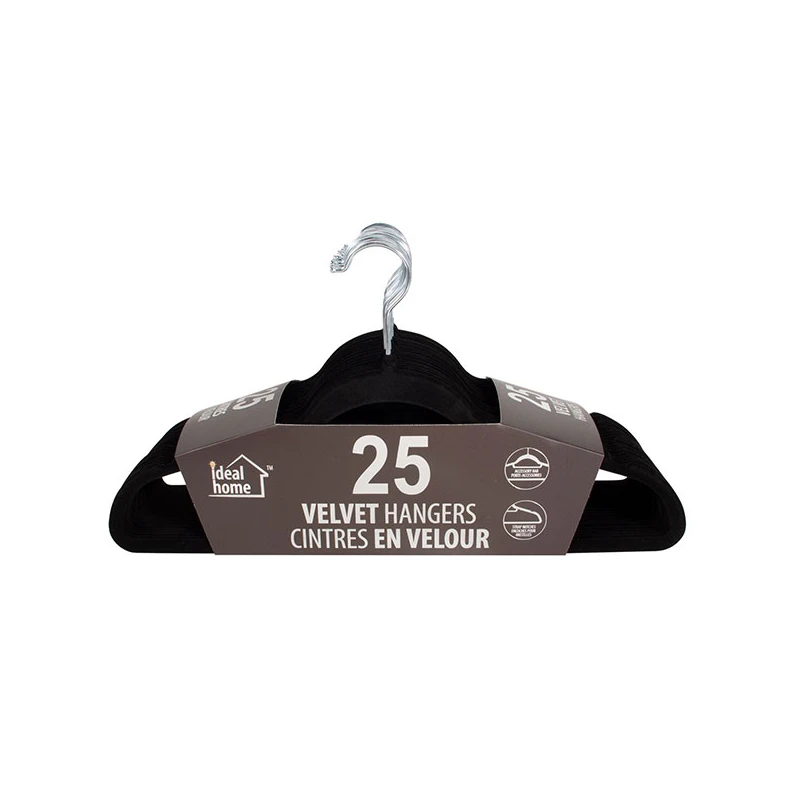 Ideal Home Velvet Hanger 25PK Black Silver Hook