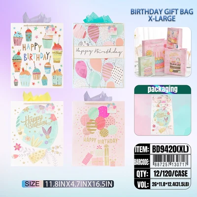 BD9420-XL, Birthday Gift Bags XL.Assorted x4 Styles 11.8"x4.7"x16.5", 887257130717
