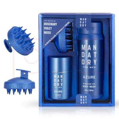 OD89490, MANDATORY Men's 3pcs Gift Set  AZURE  2.oz/60ml EDT 14oz/414ml Body Wash Scalp Scrubber, 191554894907