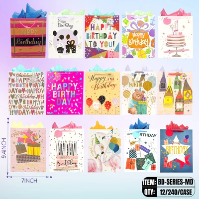 BD-SERIES-MD, BD-Series Assorted Birthday Gift Bags MD  9.4"x7.1"x3.2", BD-SERIES-MD