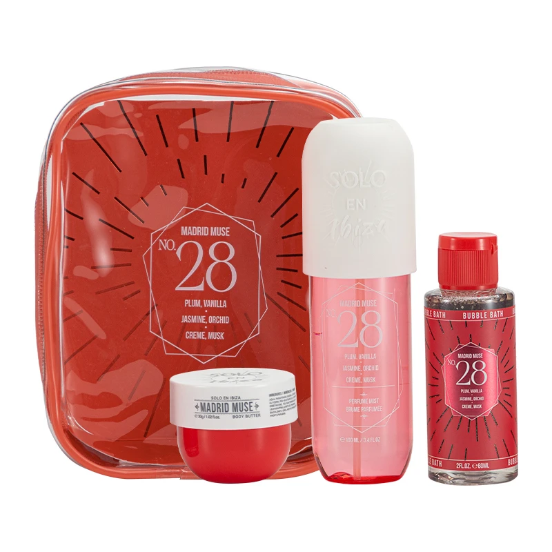 Women's 3 Pcs Bag Set 3.4 oz Body Mist 2 oz Bubble Bath 1.02 oz Body Butter Madrid Muse 28 — Solo En lbiza