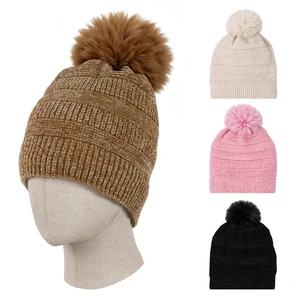 10317, Chenille Faux Fur Lined Pom Hat, 191554103177