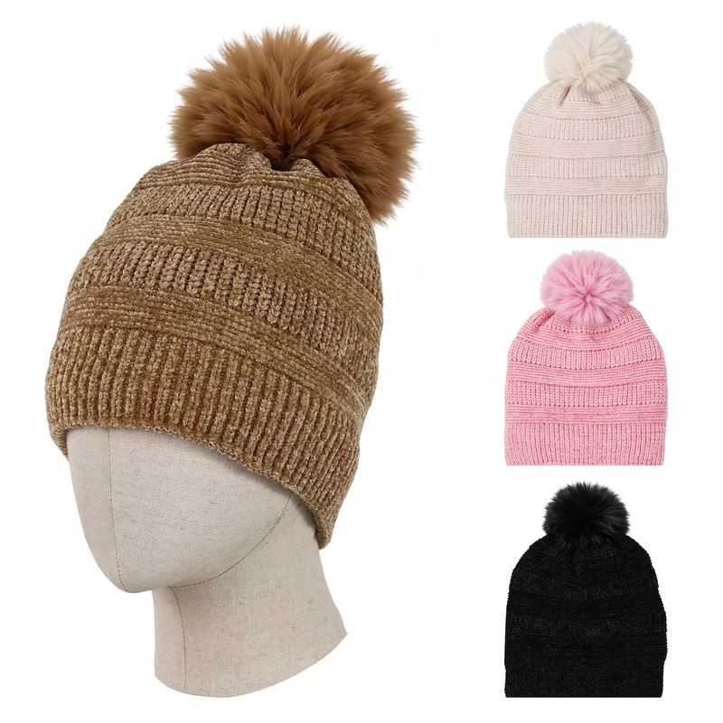 Chenille Faux Fur Lined Pom Hat