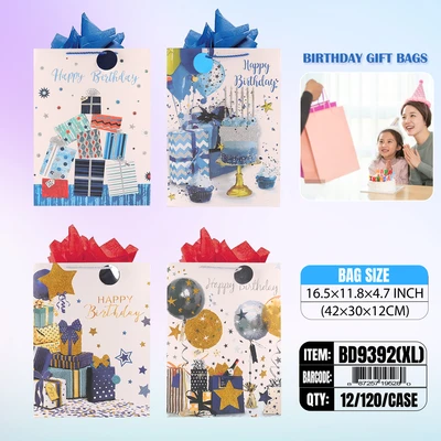 BD9392-XL, Birthday Gift Bags XL.Assorted x4 16.5"x11.80"x4.7", 887257195280