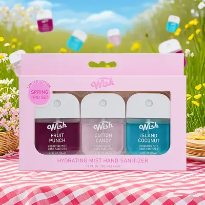 OL60425, 1.2 oz Hand Sanitizer Spray with Color Box 3pk , (4 Scent) Fruit Punch/Cotton Candy/Island Coconut — Wish, 191554604254