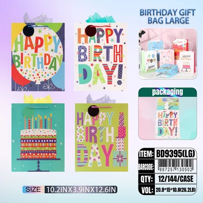 BD9395-LG, Birthdays Gift Bags LG. Assorted x4 Styles 10.2"x3.9"x12.6", 887257130502