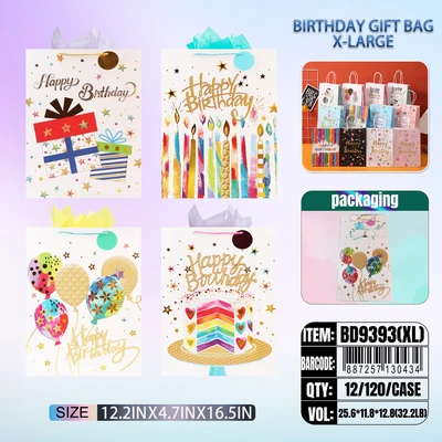 BD9393-XL, Birthday Gift Bags XL. Assorted x4 Styles12.2"x4.7"x16.5", 887257130434