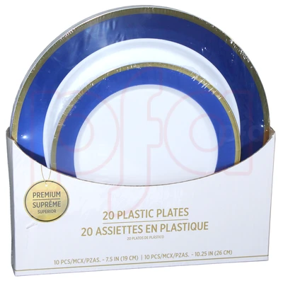 AMS-430586.105, Amscan Plastic Plate 10.25+7.5in 20PK Gold Royal Blue, 192937248942