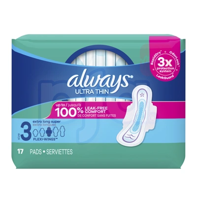 ALW-03345, Always Ultra Thin Pads 17Count Flexi-Wings Extra Long Super Size3, 030772033456