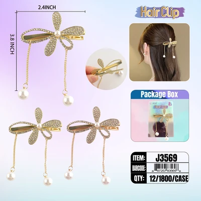 J3569, Hair Clip 3″ Inch with Pearl & Diamond Assorted, 887257835698