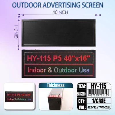 HY-115, LED RGB SIGN Waterproof Out Door & In Door P5 Panel (100*40CM)=40"x16" (HD-Software USB*WIFI), 887257701153