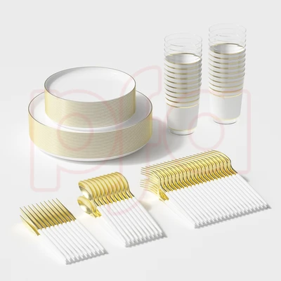 OL36451, 140PK 经典餐具套装白色+金边