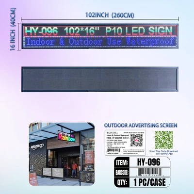 HY-096, LED RGB SIGN Waterproof Out Door & In Door P10 Panel (260*40CM)=102"x16" (HC-Software USB*WIFI), 887257700965