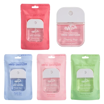 60350, 1.2 oz Hand Sanitizer Spray With Bag,  (4 Scent) Purple Rain/Peachy Nectar/Fruit Punch/Cherry Pop — Wish, 191554603509