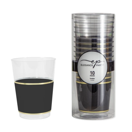 36273, Elegance Party 10PK 12oz Tumbler Clear+Gold+Black, 191554362734