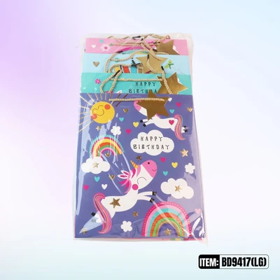 BD9417-LG, Birthday Gift Bags LG x4 Assted. 10.2"x3.9"x12.6", 887257130380