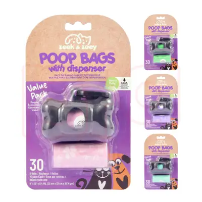 30142, Zeek & Zoey Poop Bags 30CT With Dispenser, 191554301429