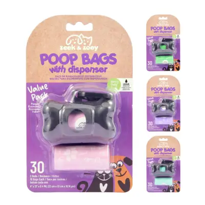 30142, Zeek & Zoey Poop Bags 30CT With Dispenser, 191554301429