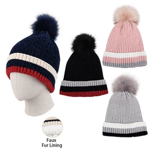 10139, Thermaxxx Ladies Chenille Pom Pom Hat w/ Fur lining 3 Line, 191554101395