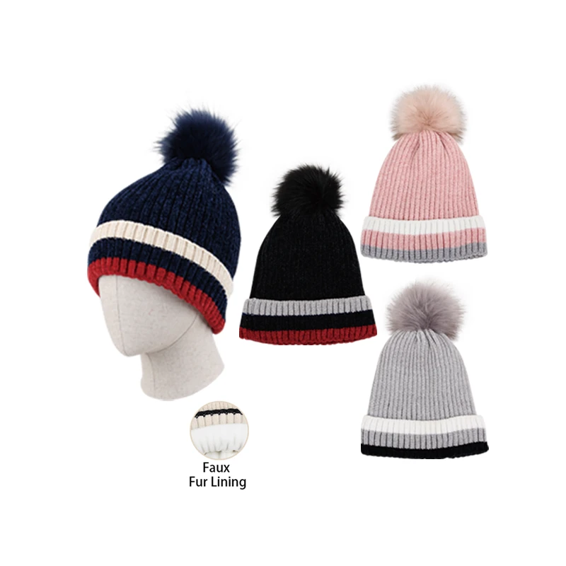 Thermaxxx Ladies Chenille Pom Pom Hat w/ Fur lining 3 Line