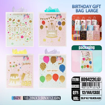 BD9422-LG, Birthday Gift Bags LG.Assorted x4 Styles 10.2"x3.9"x12.6", 887257130762