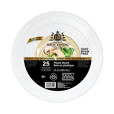 36114, Ideal Dining Plastic Bowl 12oz White 25CT, 191554361140
