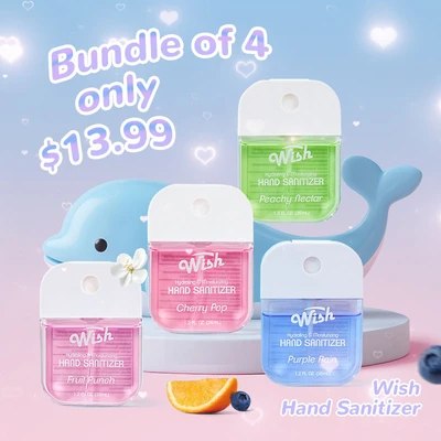 OL60350, Wish 1.2 oz Liquid Hand Sanitizer Spray With Bag, 4 Flavors Mist.Purple Rain/Peachy Nectar/Fruit Punch/Cherry Pop, 191554603509