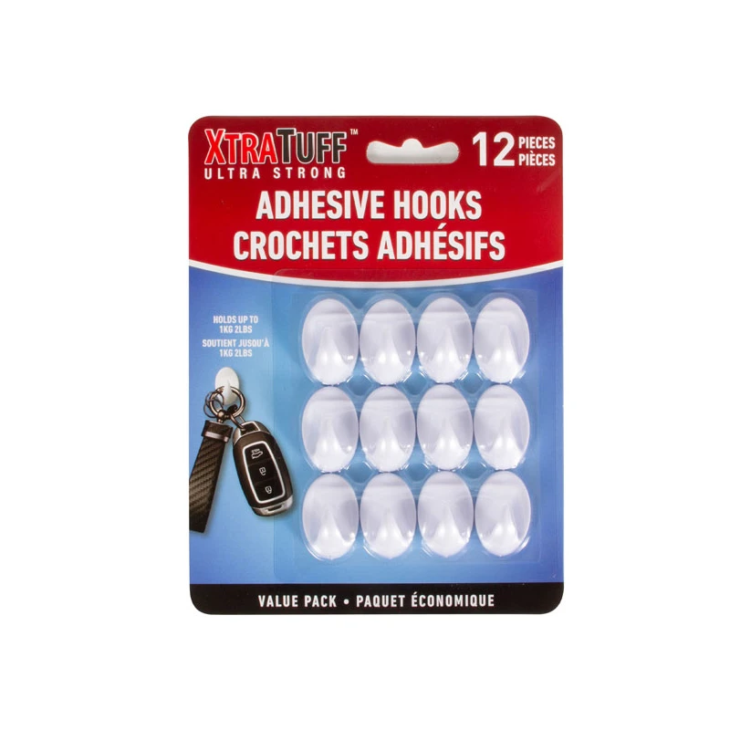 XtraTuff™ 12 Piece Adhesive Plastic Hooks White (oval)