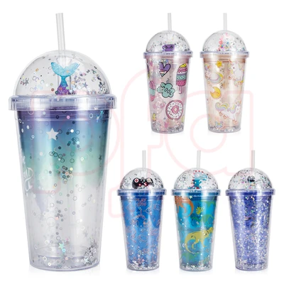 58358, Splash Plastic Bottle with cute PVC & Straw 15oz/450ml, 191554583580