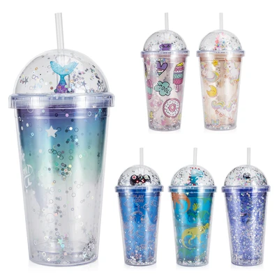 58358, Splash Plastic Bottle with cute PVC & Straw 15oz/450ml, 191554583580